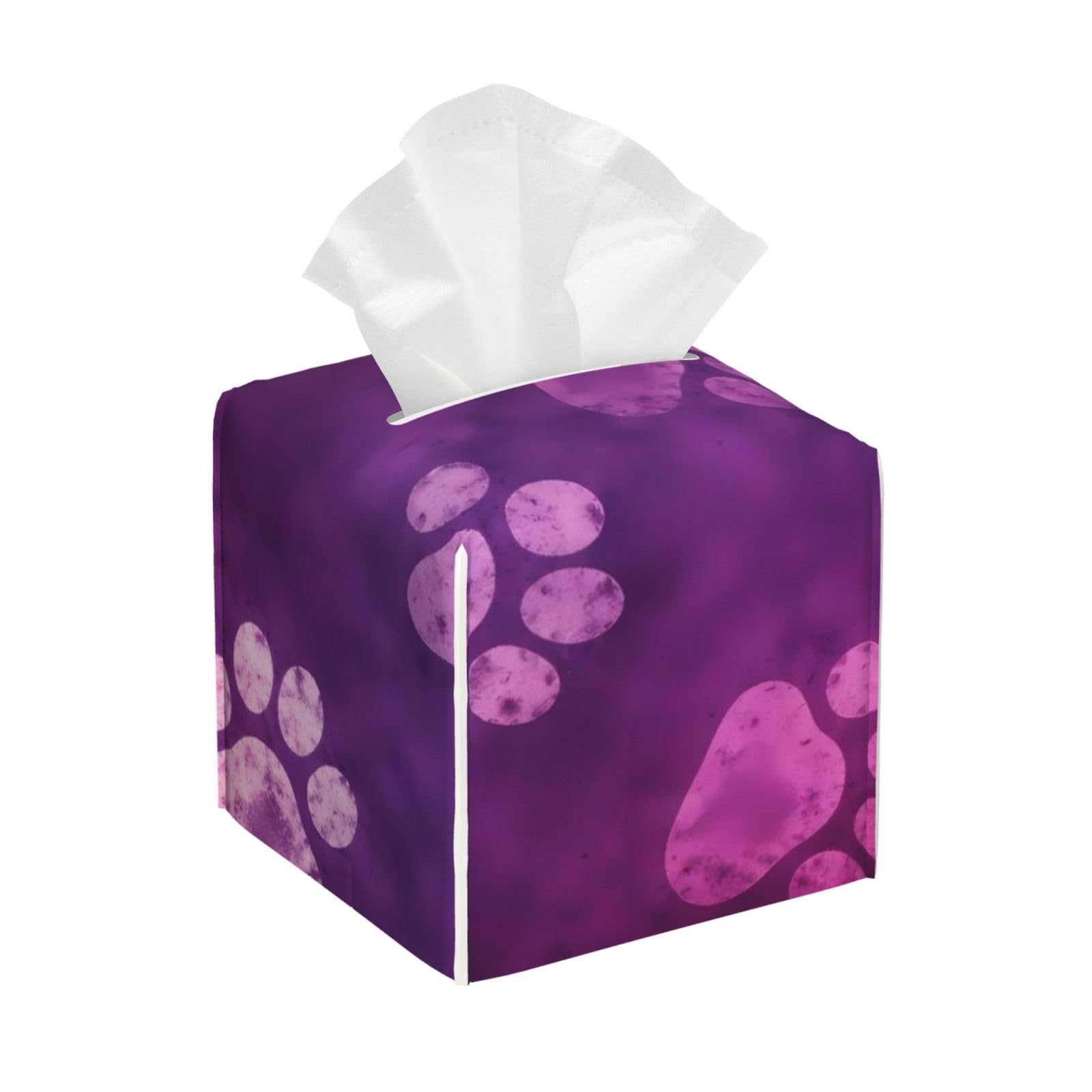 Purple Paw Leather Tissue Box Cover Holder Square Facial Paper Organizer 5.2" X 5.2" X 5.2"