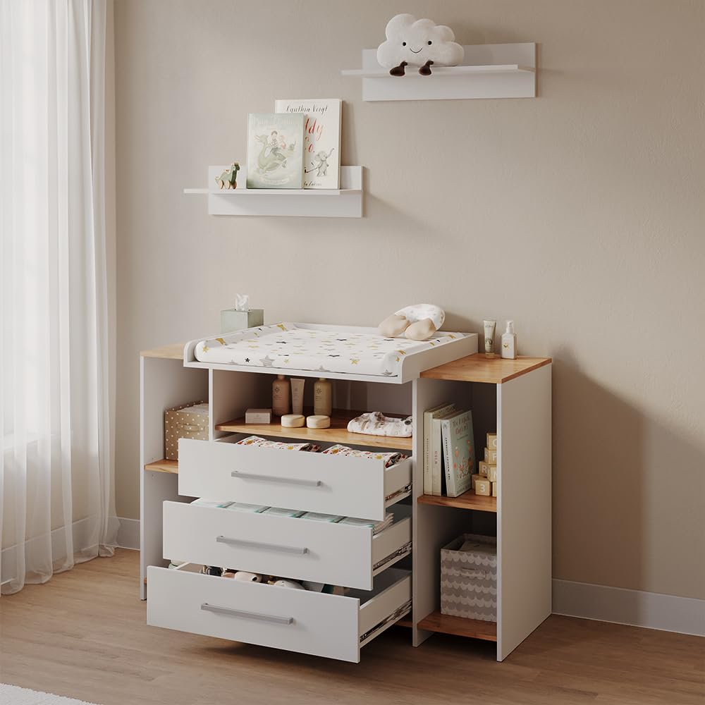 Livinity Cómoda Cambiador Torino, Roble Blanco/Dorado, con 3 cajones