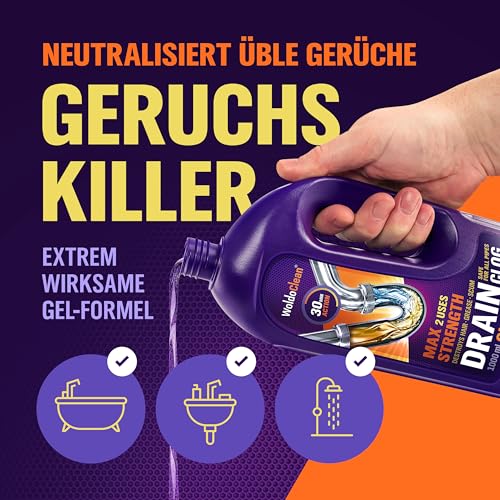 WoldoClean Rohrreiniger Extrem Stark 1000ml Gel - Profi Abflussreiniger gegen Haare, Fett und Verstopfungen, rohrfrei für Küche, Bad, Dusche, Waschbecken. – Bild 4