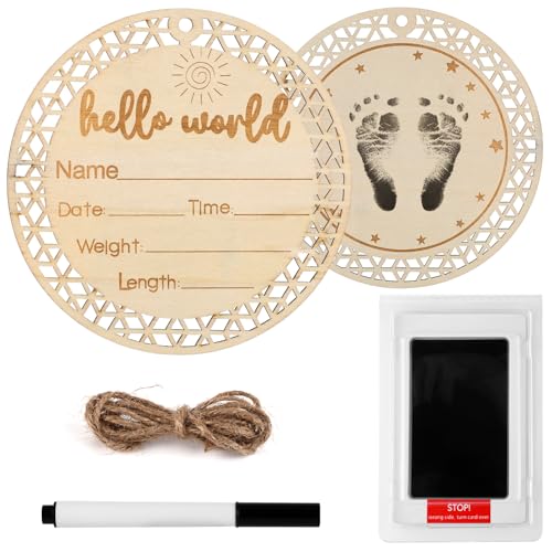 Image of Baby Notice Board, Round Baby Nursery Name Plate with Ink Pad Birth Announcement Sign Wooden Hello World Newborn Sign for Baby Hand Footprints