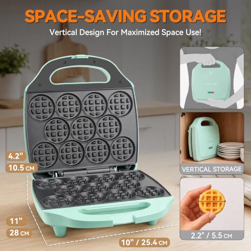 Image of Baker's Friend, Bite-size Mini Waffle Maker for Kids & Adults, Small Waffle Maker Mini Belgian Waffle Machine, 11 X 2.2 inch Tiny Nonstick Waffles Iron, Recipe Included, Aqua