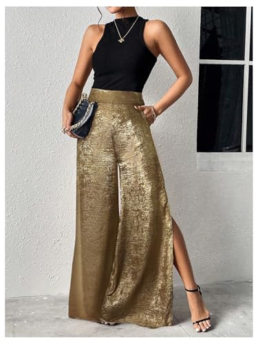 MakeMeChic Women's Metallic Split Side Hem Long Pants High Waist Wide Leg Loose Trousers with Pockets3