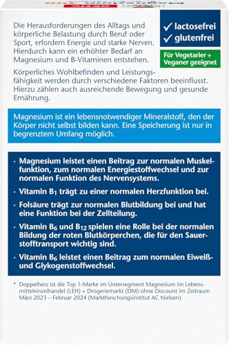 Doppelherz Magnesium 400 + B1 + B6 + B12 + Folsäure - Magnesium unterstützt die normale Muskelfunktion und den Energiestoffwechsel - 30 vegane Tabletten