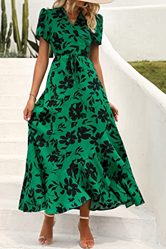 Image of PRETTYGARDEN Women's Summer Wrap Maxi Dress Casual Boho Floral V Neck Short Sleeve Ruffle Hem Split Beach Long Dresses