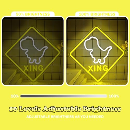 Image of Dinosaur Neon Sign T-rex Neon Light Dimmable Crossing Warning Sign Dino Night Light Dinosaur Room Decor Birthday Halloween Christmas Gift for Boys Kids