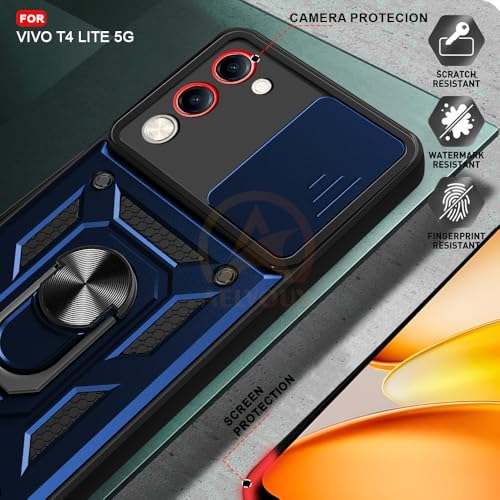 Image of Armor Bumper Back Cover Case for Vivo T4 Lite /iQOO Z10 Lite 5G | Rotating Camera Cover, Ring Holder & Kickstand | Heavy Duty & 360 Degree Protection Back Cover (Blue)