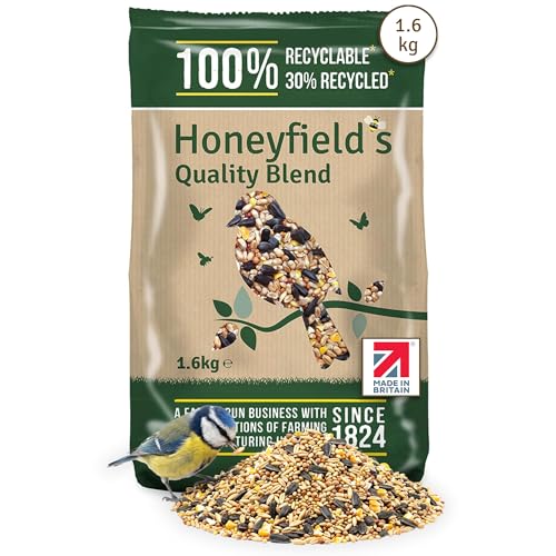 Honeyfields - Wild Bird Food for Outside Birds Quality Wild Bird Seed Mix with Wheat and Black Sunflower Seeds High in Energy Protein and Essential Vitamins Bulk Bag (1.6kg)