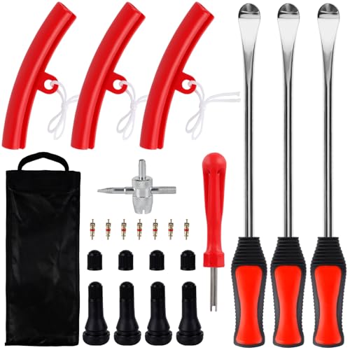 Kit de Démonte Pneu, 3 PCS Demonte Pneu Moto, Outil Levier Démonte Pneu Manuel, Roue Cuillères Changement avec 3 Jantes Protecteurs et Valves, pour Auto Moto Vélo Trottinette