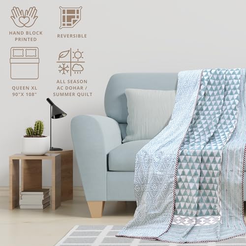 Image of TOAIArt Premium Jaipuri Dohar | AC Blanket Summer Quilt | Hand Block Printed | 3 Layers | Reversible | 150GSM 100% Mulmul Cotton | 100% Cotton Flannel Filling | Queen 90 inch X 108 inch |Geometric Triangles