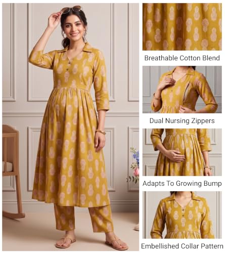 Image of DUMMY SHAPE Maternity Dresses for Women Cotton | Floral Kurta Pant Dupatta Set with Nursing Zippers, Side Pocket | Pre & Post Pregnancy | Feeding Kurti Suit | Baby Shower | Gifts for Pregnant Woman