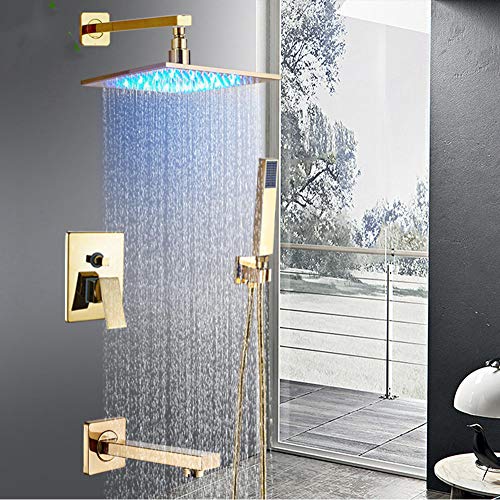 Colonne douche LED dorée mitigeur encastré et cascade laiton