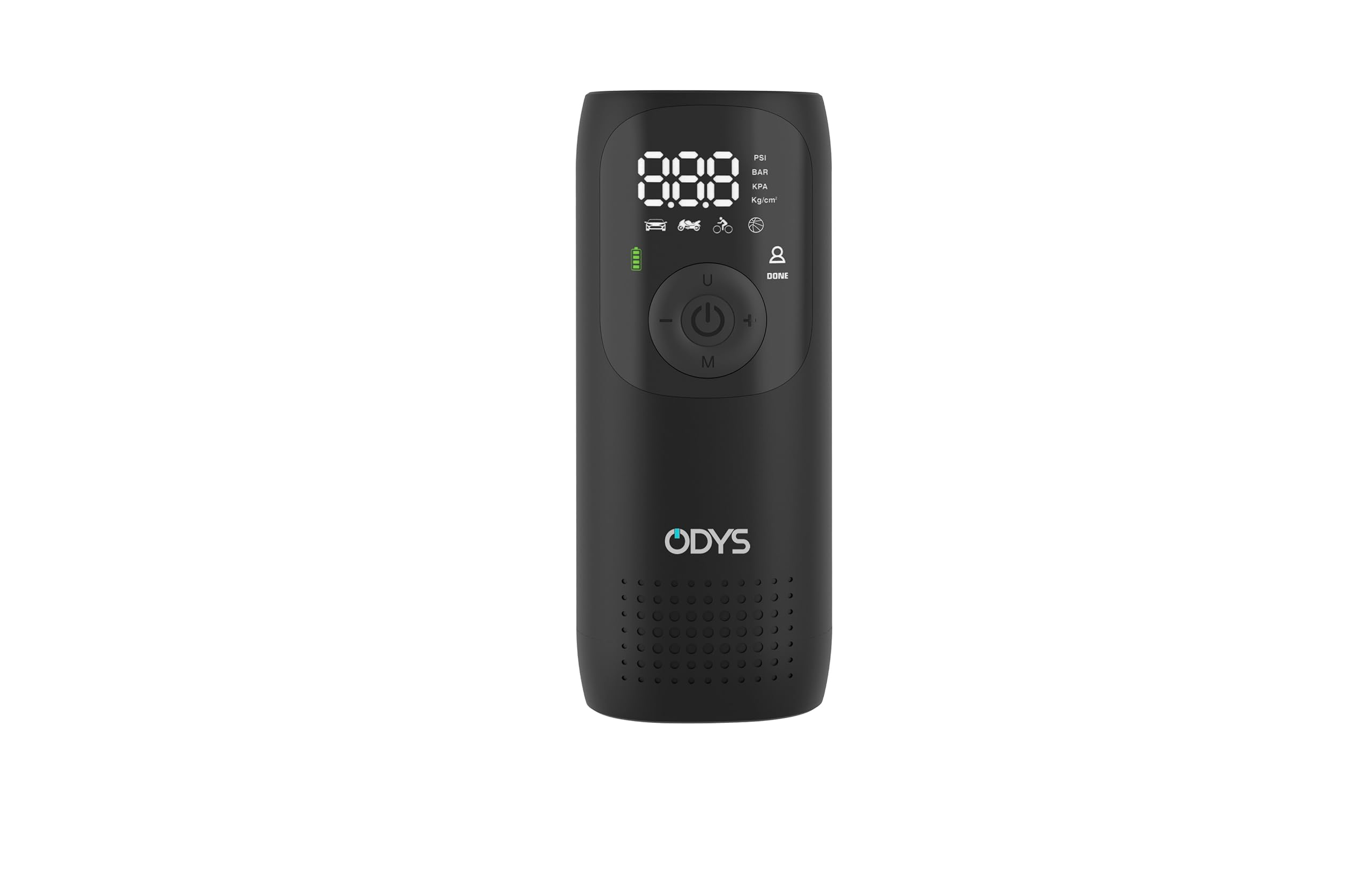 ODYS FlexPump akkubetriebener tragbarer elektrischer Luftkompressor Luftpumpe für Auto, Motorrad, Scooter, Fahrrad, Bälle (0-10Bar/0-150PSI, 2000mAh, Aufladung per USB-C, digitale Anzeige, LED Licht)