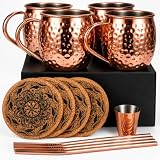 Eligara Juego de 4 Tazas de Cobre para el cóctel de la Mula moscovita, 4 pajitas y 4 Posavasos