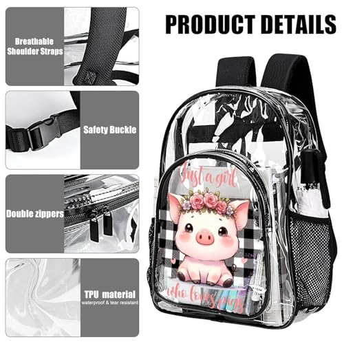 Pig Clear Backpack Heavy Duty for Girls Kids Boys Women Men - Large Cute PVC Pigs Theme Printing Transparent Backpacks for Schools Stadium Concerts Work - Clear/Black4