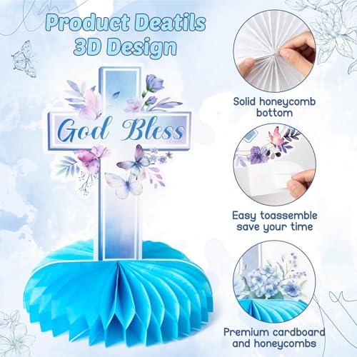 Image of ANGOLIO 12Pcs Baptism Honeycomb Centerpieces Birthday Party Decor, Summer Blue Purple God Bless Cross Religious Baptism Table Centerpieces for Baby Shower First Communion Gender Neutral Decorations