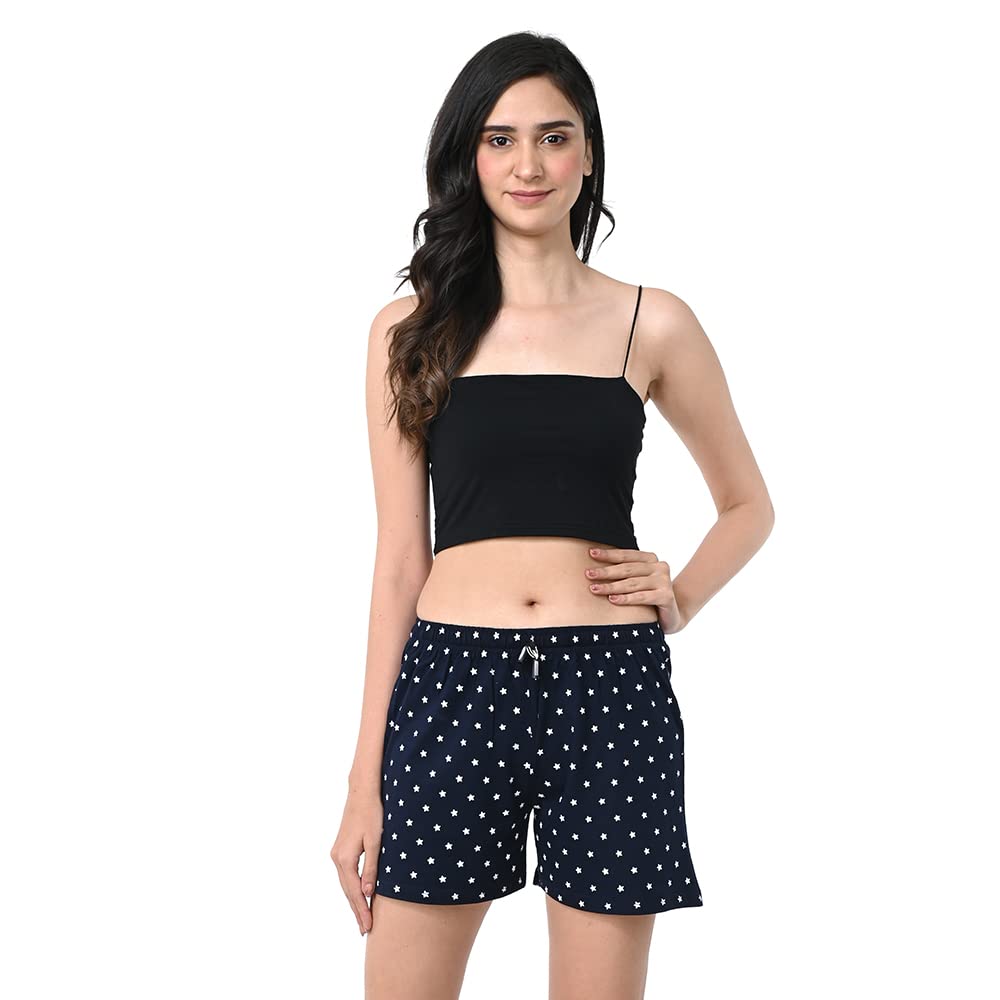 styleaone Women's Dark Blue Cotton Printed Basic Shorts-picture-46