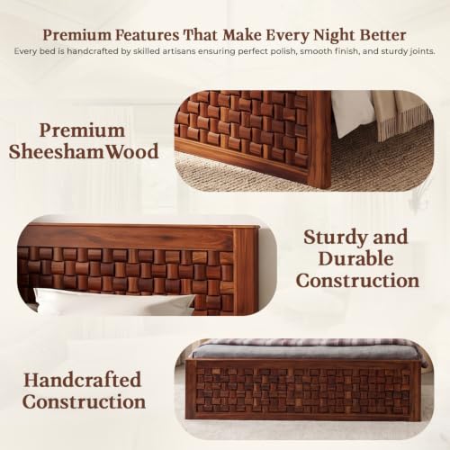 Image of WOODLAB Furniture Sheesham Wood King Size Bed Without Storage and with Niwar Style Headboard | Wooden Double Size Cot Palang for Bedroom Living Room Hotel and Home (Honey Finish)