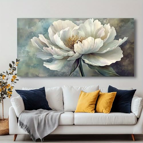 Tableau abstrait moderne pivoine blanche pour illuminer votre grand salon