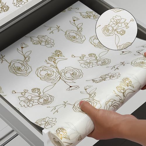 Shelf Cabinet Liner for Kitchen- Non Adhesive Drawer Liner Refrigerator Liner, Premium Waterproof Shelf Paper Protect Surface, Non Slip Easy to Clean Durable EVA Material, Gold Roses, 18 in x 30FT