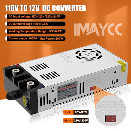 New Version 110V to 12V DC Converter, IMAYCC AC to DC Converter 600W 50A,120V to 12V Power Supply, Adjustable Power Supply2