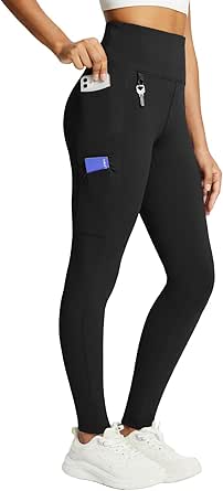 BALEAF Pluche leggings voor dames, winter, hoge taille, waterdicht, thermische broek met zakken voor fitness, yoga, trekking, legergroen, M