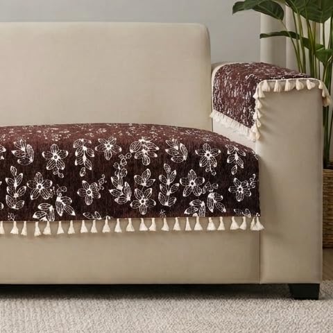 Image of STITCHNEST Woven Fabric Sofa Cover 2 Seater with 2 Hand Rest Covers - Washable Brown Sofa Cover with Tassels - Durable Premium Fabric - Stylish Sofa Protector for Living Room & Furniture Decor