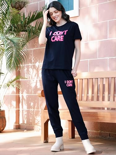 Image of ZEYO Night Suit for Womens Typography Printed Cotton Night Dress of Top and Joggers