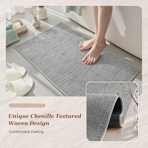 AMOAMI Bath Mat Non Slip Super Absorbent Quick Dry Bath Mats for Bathroom Floor Rubber Backing Washable Bathroom Rugs Modern Woven Jacquard Mat, Beside Tub Bath Rugs, 17" x 24", LightGrey