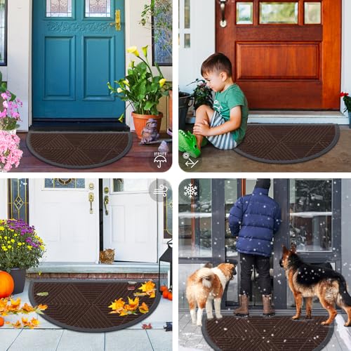 Image of Smiry Half Circle Front Door Mat Outside Entrance, Heavy Duty Sturdy Natural Rubber Doormat, Trap Dirt and Moisture, Low Profile Mats for Indoor Outdoor Entry, Irregular Triangle (29.5x17, Dark Brown)