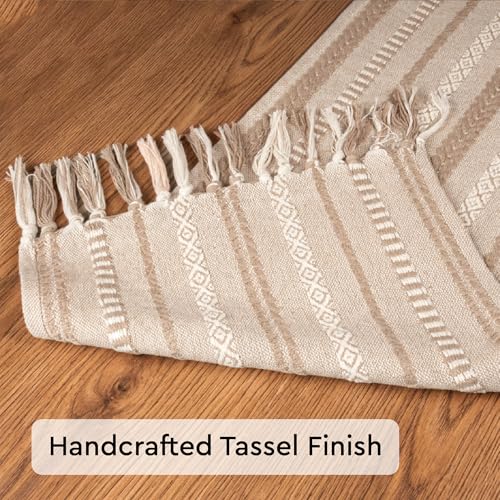 Image of Encasa XO Boho Cotton Jacquard Table Runner for 8 to 10 Seater | 32x300 cm, Beige | Handcrafted Jacquard Weave | Decorative Tassels | Rustic Table Surface Protection