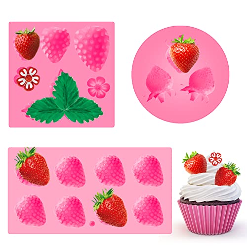 3 Pcs 3D Strawberry and Flowers Silicone Mold Strawberry Baking Mold Fruit Fondant Handmade Candy Jelly Bakeware for Baking Chocolate Pan Cake Kid Cupcake Soap Candle Clay Resin Wax Making