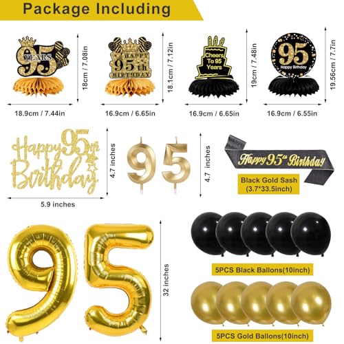 Image of 95th Birthday Decorations for Men, Black Gold 95th Party Decoration Kits | 27pcs Happy 95th Birthday Set: Banner, Honeycomb, Balloons, Gold Number, Candle, Hanging Swirls, Cake Topper, Party Supplies