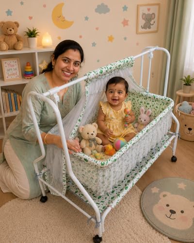 Image of Kiddery Auri | Cradle for Baby | New Improved Mattress Design | Mosquito Protection Net | Smooth Swing | All Wheel Lock | Palna | Jhula | Uyyala | 0-10 Months | Green