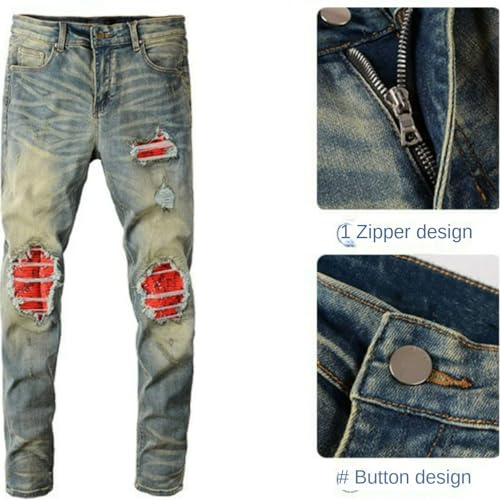 Jeans Pants Trouser Denim Trendy Street Patch Ripped Distressed Hole Light Blue Stretch Slim Fit Personalized Casual Tight Small Straight Leg for Men(Light Blue,32)4