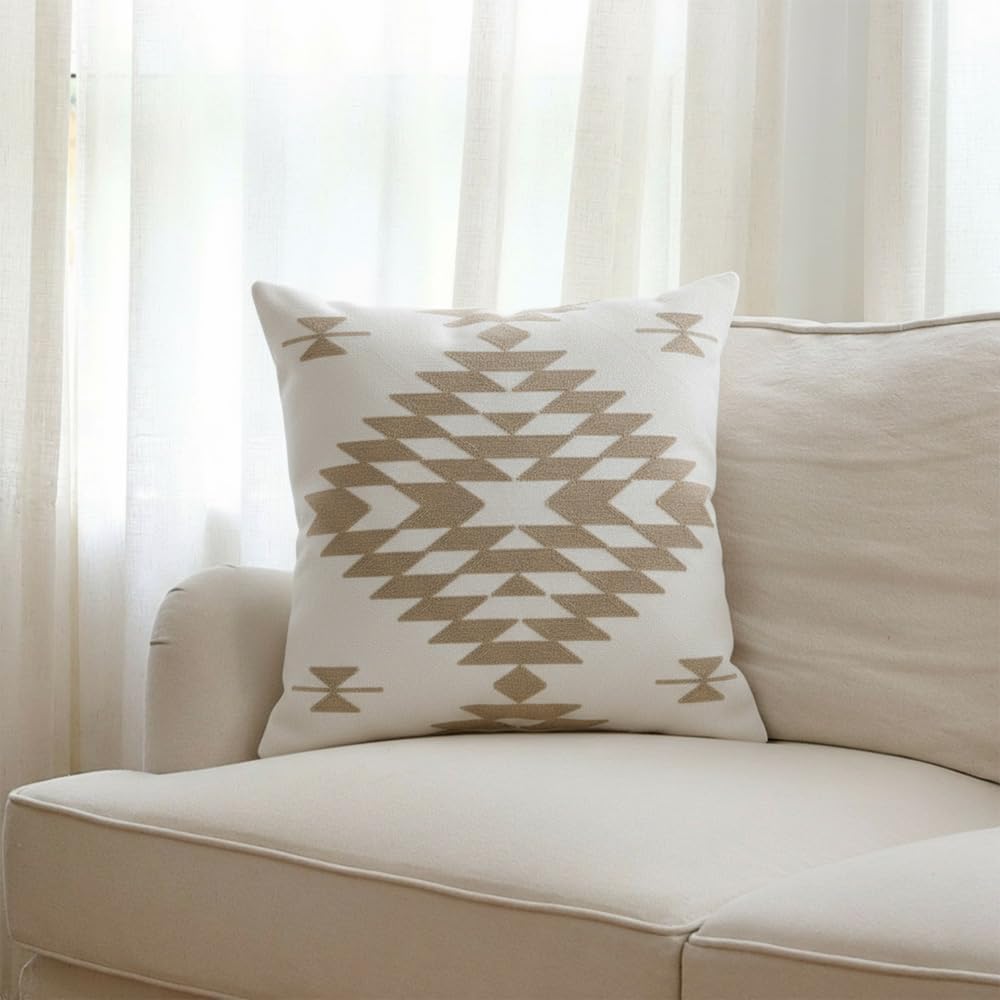 IKATYARN Beige Aztec Pattern Embroidery Throw Pillow Cover,Boho Tribal Geometric Pillowcase, Modern Farmhouse Brown Cushion Case for Couch Sofa Bed, 18"x18"