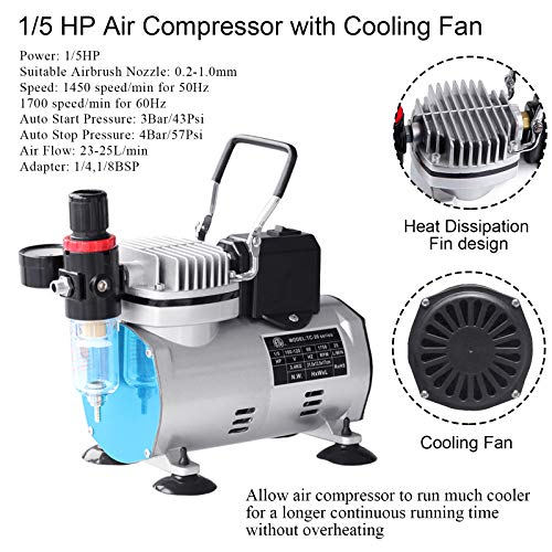 Professional Airbrushing Paint System with 1/5HP Air Compressor with Cooling Fan Auto On/Off and 2 Airbrush Kits with Airbrush Cleaning Pot and Replaceable Nozzle Needle for Makeup,Cake Decoration,Art