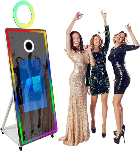 Mirror Photo Booth Magic Mirror Selfie Photobooth Machine 32inch Touch Screen RGB Ring Lights and LED Frame Portable for Wedding Party Events Pack with Flight Case (65