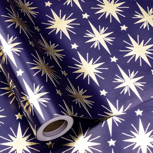 RUSPEPA Christmas Wrapping Paper Roll for Men Women, Mini Roll, Stars with Gold Foil Accents Design, Starry Night Gift Wrap Paper Perfect for Christmas, Holiday, Birthday Gifts, 17 Inch x 9.8 Feet