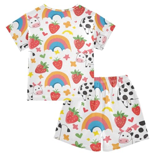 ALAZA Strawberry Rainbow Cow Love Heart Pajamas Short Sleeve 2 Piece Sleepwear Top and Bottom Pajama Set Unisex2