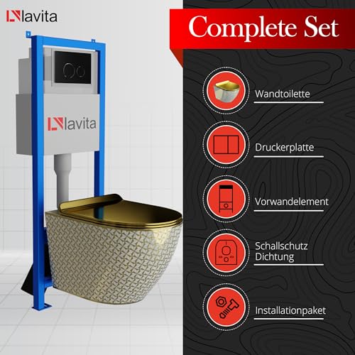 Lavita LAV 101 Vorwandelement für WC 40cm + Wand Hänge Tiefspül WC SOFI SLIM GOLDEN NEVER DIE Spülrandlos + Bedienplatte LAV 200.4.4 Schwarz | Komplettset | Unterputz Spülkasten | Komplett Sett – Bild 4