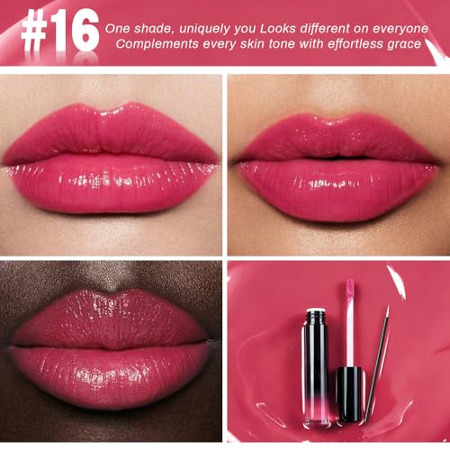 Image of evpct Hot Pink Shiny Longwear No-Budge Liquid Lip Color Lipstick Makeup, Highly Pigmented Color Instant Shine, Waterproof Long Lasting Lipstick for Women, Lip Stain Gloss with Lip Liner Brush, 16#