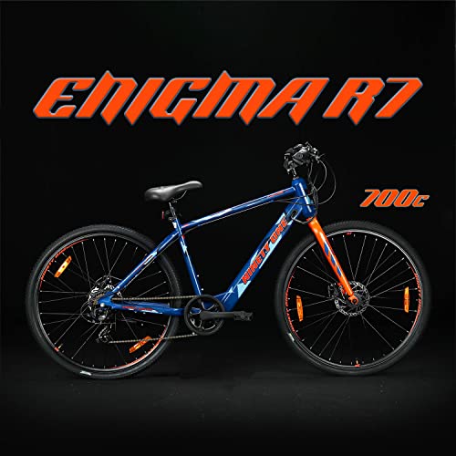 Image of NINETY ONE Enigma R7 Hybrid 7 Speed Camouflage Blue Electric Cycle (Wheel 700c, Frame : 18 Inch, Ideal for Men), Rigid