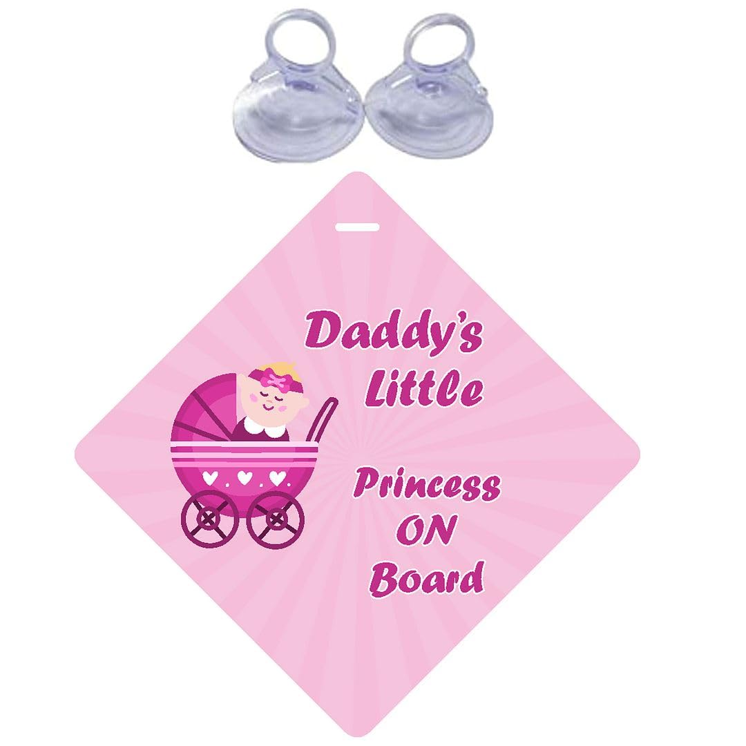 CVANU 2pcs Daddy's Little Princess on Board Laminated Kids Safety Vinyl Sticker with 2 Suction Cup for Car Drivers (6inX6in)_R1-1