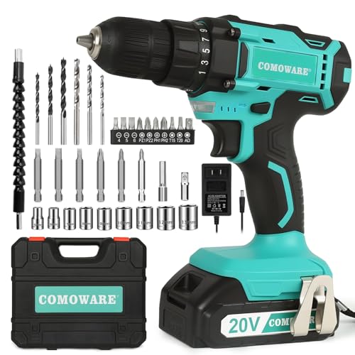Image of COMOWARE 20V Cordless Drill, Electric Power Drill Set with 1 Battery & Charger, 3/8” Keyless Chuck, 2 Variable Speed, 266 In-lb Torque, 25+1 Position and 34pcs Drill/Driver Bits