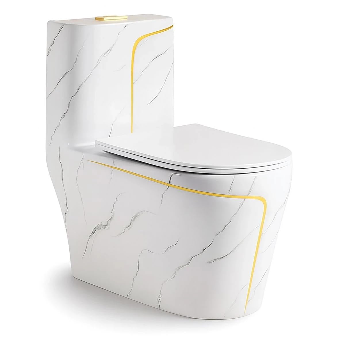 EGO INTERIORS Royalty Line | Einteilige Stand-WC mit eingebautem Spülkasten | Goldene Marmoroptik Keramik | randlos | Sitz mit Soft Close Absenkautomatik | Quick Release Scharnieren