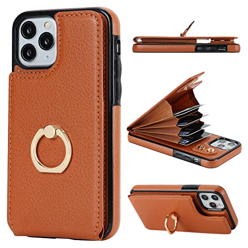 Folosu Compatible with iPhone 11 Pro Case Wallet with Card Holder, 360°Rotation Finger Ring Holder Kickstand Protective RFID Blocking PU Leather Double Buttons Flip Shockproof Cover 5.8 Inch Brown