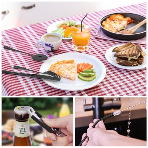 HOTUT Set di Posate Acciaio Inox, 9 Pezzi Posate Da Campeggio Kit con Borsa Portaoggetti, Posate Da Viaggio con Cucchiaio Forchetta Coltello Tavola Coltello Bistecca Bacchette Cannucce Spazzola, Nero - immagine 5