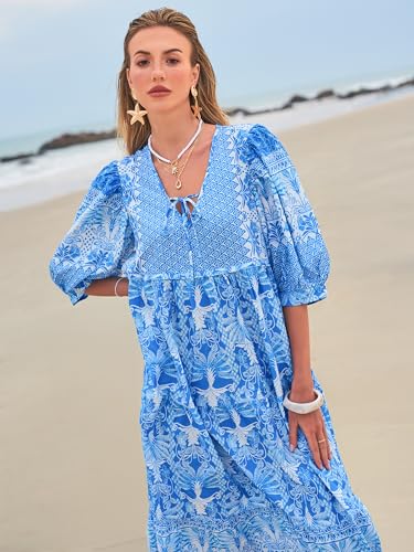 Image of LUXVEER Women's Floral Boho Maxi Dress 2026 Summer V Neck Puff Sleeve Casual Loose Flowy Long Beach Dresses