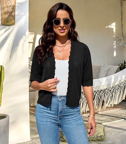 2024 Cropped Cardigans for Women 3/4 Sleeve V Neck Knit Sweaters Short Sleeve Open Front Bolero Shrug2