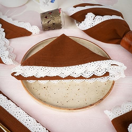 Image of FINGERCRAFT Cloth Napkins, Cotton Table Napkins with White Lace Edge, Reusable Washable Dinner Napkins for Wedding, Festive Dining, Parties & Home Decor (6, Brown Premium Lace, 20 inchx20 inch)